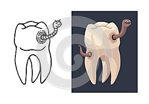 An evil worm has ruined a molar tooth. Caries concept.