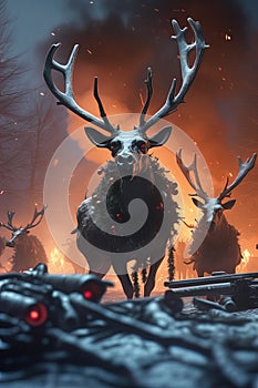 Evil zombie sinister christmas Reindeer horror, spooky, terror above a pile of corpses