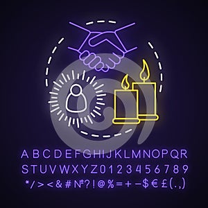Evocation neon light concept icon. Occultism and superstition idea. Glowing sign with alphabet, numbers and symbols