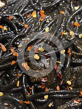 close-up of spaghetti with squid ink