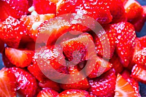 Closeup of washed and cut strawberries
