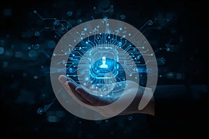 Global Data Protection and Connection: Human Hand Displaying Holographic Circuit Brain with Digital Network Icons