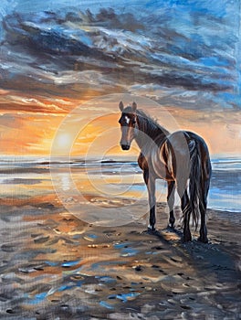 An evocative horse painting set against a sunset-lit coastal shore, with rich colors and intricate detail.