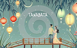 An evocative illustration of a couple on a bridge during Tanabata, surrounded by lanterns and a crescent moon. photo