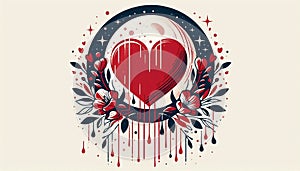 Evocative illustration featuring a stylized heart against a moon backdrop with flowers and dripping red accents photo