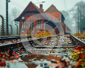 Vintage Railway Station in Autumn with Fallen Leaves and Misty Atmosphere Showcasing Rustic Architecture and Atmospheric Scenery photo