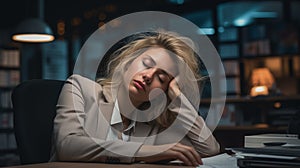 tired business woman sleeping with hand on head in her office photo