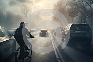 An evocative image of a cyclist riding in foggy road generative AI