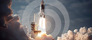 An evocative image of a space shuttle launch, with plumes of smoke and fire visible as it lifts off into the sky