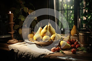 Evocative Pears ripe table cinematic shot. Generate Ai