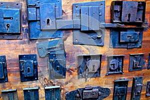 Set of old locks at a vintage market photo