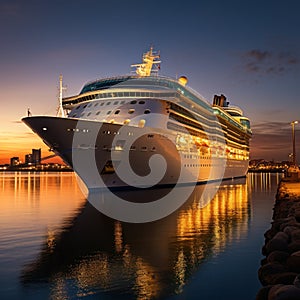 An evocative shot of a cruise ship departing from port at sunset