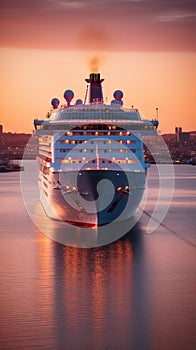 An evocative shot of a cruise ship departing from port at sunset