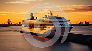 An evocative shot of a cruise ship departing from port at sunset