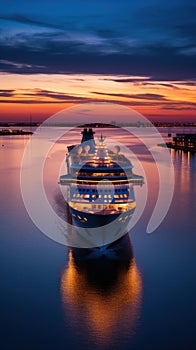 An evocative shot of a cruise ship departing from port at sunset