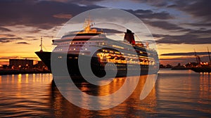 An evocative shot of a cruise ship departing from port at sunset