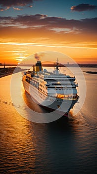 An evocative shot of a cruise ship departing from port at sunset