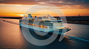 An evocative shot of a cruise ship departing from port at sunset