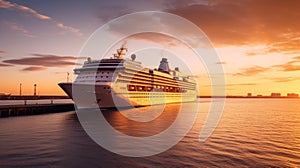 An evocative shot of a cruise ship departing from port at sunset