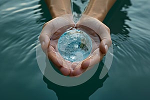 An evocative and symbolic World Water Day, featuring hands cupping clear, clean water with a reflection of the Earth, emphasizing