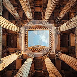 Evoke the awe and wonder of ancient innovations from a captivating lowangle view Illustrate the profound impact on society