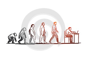 Evolution, businessman, programmer, primitive concept. Hand drawn isolated vector.