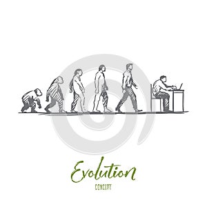 Evolution, businessman, programmer, primitive concept. Hand drawn isolated vector.