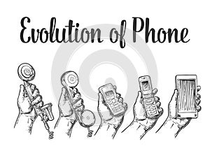 Evolution of communication devices from classic phone to modern mobile phone. Hand man. Hand drawn design element