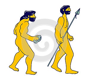 Evolution, Darwin Theory Concept. Cro-magnon Caveman with Stone Evolve to Homo Sapiens with Spear in Hand photo