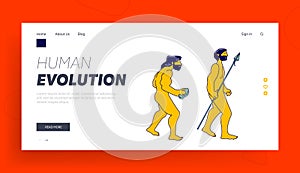 Evolution, Darwin Theory Website Landing Page. Cro-magnon Caveman with Stone Evolve to Homo Sapiens