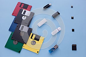 The evolution of digital data storage device. Floppy disks, flash drives and small memory cards