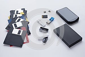 The evolution of digital devices for the transfer and storage of information. Objects isolated on white background
