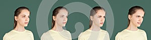 Evolution of emotions. Caucasian young woman& x27;s portrait isolated over green studio background with copyspace