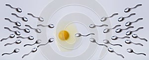 Evolution, fertilization. Spermatozoa, egg and anatomy. Sperm swimming toward egg concept. Winner, success and