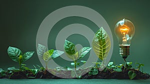 Evolution of green plants with glowing light bulb on a green background, growth and innovation concept