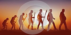 Theory of evolution of DarwinÃ¢â¬â¢s human silhouette ending in the silhouette of an obese man. photo
