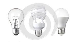 Evolution of Light bulb. tungsten bulb, fluorescent bulb and LED