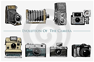 Evolution of the photo, video, film, movie camera from first till now vintage, engraved hand drawn in sketch or wood cut