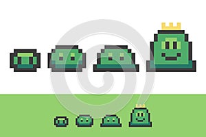 Evolution of pixel slimes from small to king slime.