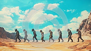 Evolution of primates walking through a desert landscape