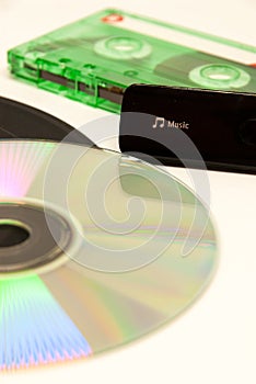 Evolution of record methods from vinyl to cassette compact disk and digital music player concept photo