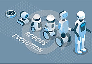 Evolution of robots vector isometric illustration