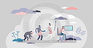 Evolution steps from the cave men to modern human with computer,flat tiny person vector illustration