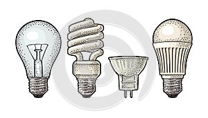 Evolution type electric lamp. Incandescent bulb, halogen, cfl and led. photo