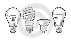 Evolution type electric lamp. Incandescent bulb, halogen, cfl and led.