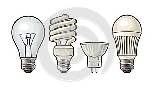 Evolution type electric lamp. Incandescent bulb, halogen, cfl and led. photo