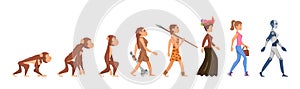 Evolution of woman. Hunter girl, homo sapiens and monkey. From primate to human and android. Cartoon fashion adult and