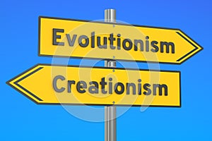 evolutionism vs creationism concept on the signpost, 3D rendering