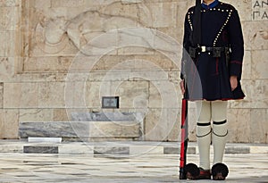 Evzonas Guardian in front of the Greek parliament in Athens, G