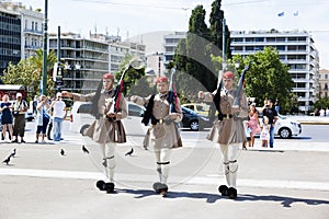 The Evzones, or Evzoni at the house of Parliament in Athens, Greece